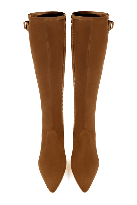 Caramel brown women's knee-high boots with buckles. Tapered toe. High block heels. Made to measure. Top view - Florence KOOIJMAN